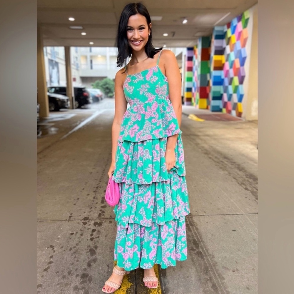 Entro Green & Pink Floral Tiered Midi Dress